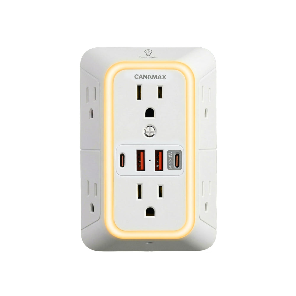 Canamax vista frontal mostrando 6 enchufes y 4 puertos USB, organiza cargas