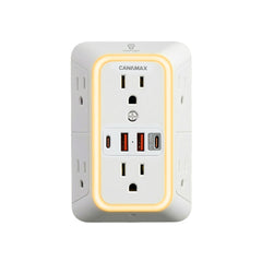 Canamax vista frontal mostrando 6 enchufes y 4 puertos USB, organiza cargas