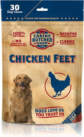 Canine Butcher Shop front packaging showing 30 chicken feet and USA-made label for trust