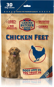 Canine Butcher Shop front packaging showing 30 chicken feet and USA-made label for trust