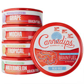 Cannadips front packaging showing product variety and portability benefit
