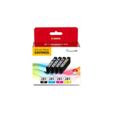Canon CLI-281 paquete frontal mostrando colores claros y beneficios de vibrancia
