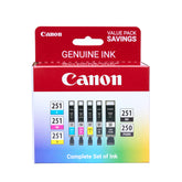 Canon pack frontal mostrando los cinco cartuchos y beneficios de reemplazo completo