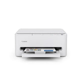 Canon PIXMA TS4320 vista frontal con bandeja desplegada, ahorro de espacio