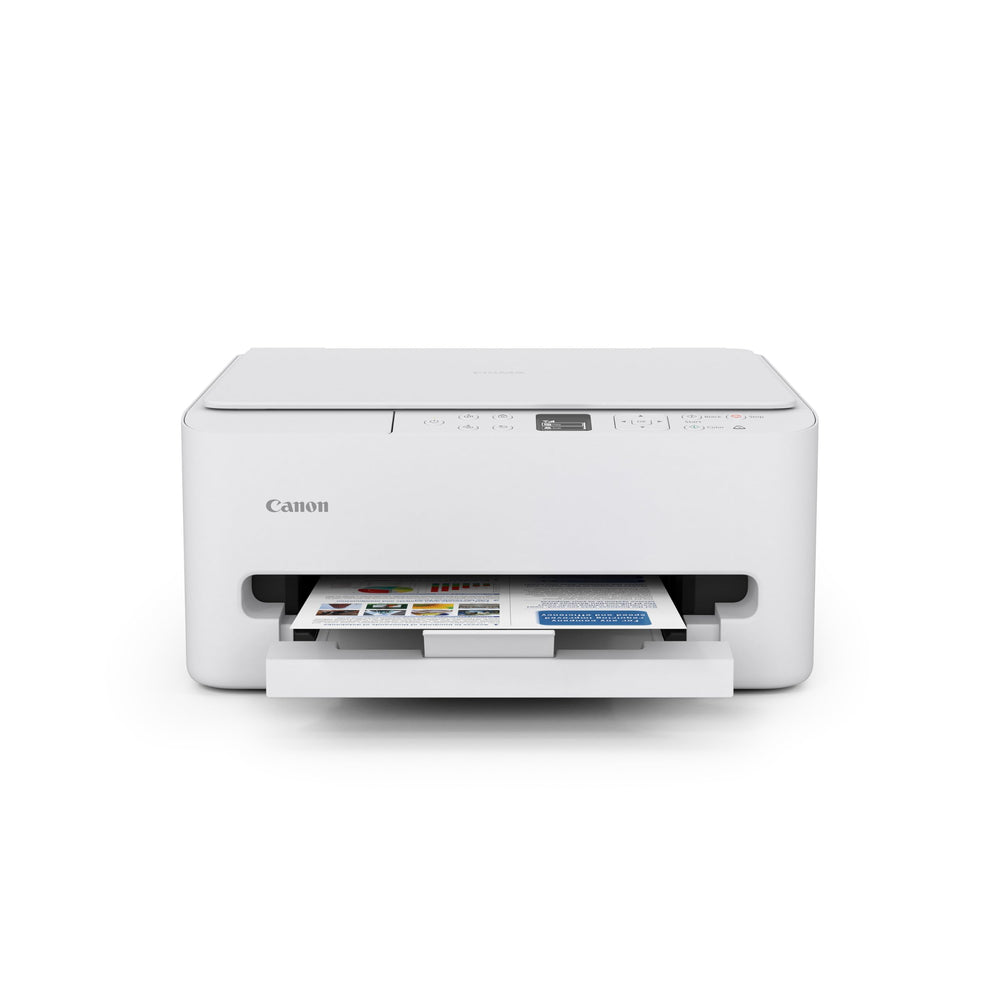 Canon PIXMA TS6520 vista frontal mostrando bandeja y diseño compacto, ahorro de espacio