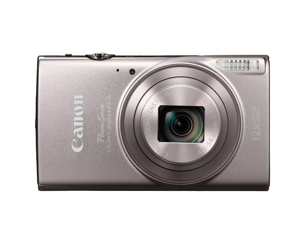 Canon PowerShot ELPH 360 HS front view showing sleek silver body and lens, ideal for travel