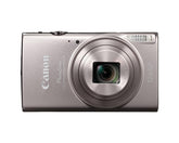 Canon PowerShot ELPH 360 HS front view showing sleek silver body and lens, ideal for travel