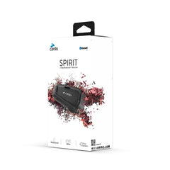 Cardo Spirit beside a smartphone for scale showing compact design and easy pairing
