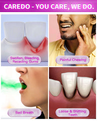 Persona cepillando con CAREDO ilustrando su uso diario y alivio gingival