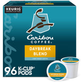 Caribou Coffee Daybreak front packaging showing light roast and 96-count convenience