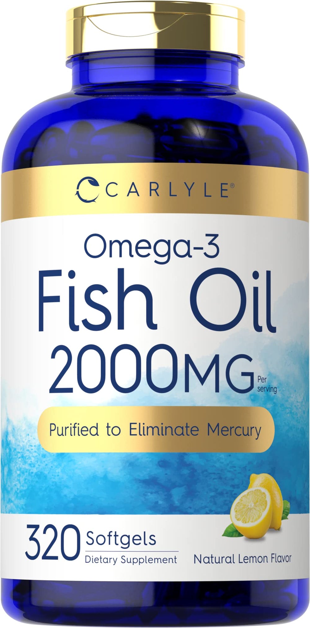 Carlyle envase frontal mostrando 320 softgels y el sello de 2000 mg