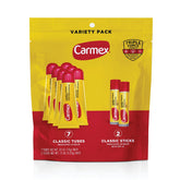 Carmex paquete delantero mostrando 9 unidades y beneficios protectores