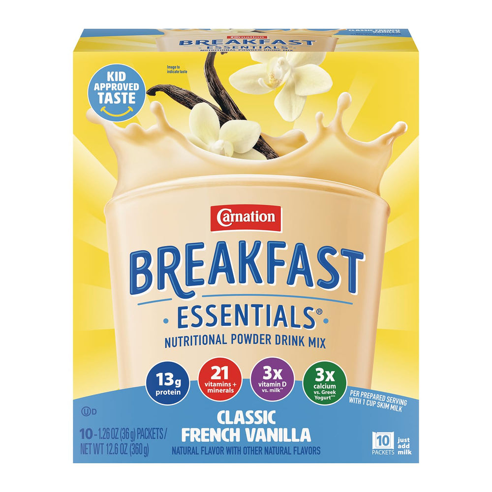 Carnation Breakfast Essentials front packaging showing product and benefits