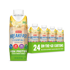 Carnation Breakfast Essentials frontal del envase mostrando sabor vainilla y conveniencia