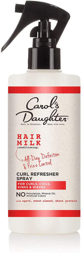 Carol's Daughter envase frontal Hair Milk mostrando tamaño y diseño y beneficio refrescante