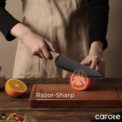 Detail of CAROTE black-coated blade edge demonstrating nonstick, easy-clean finish
