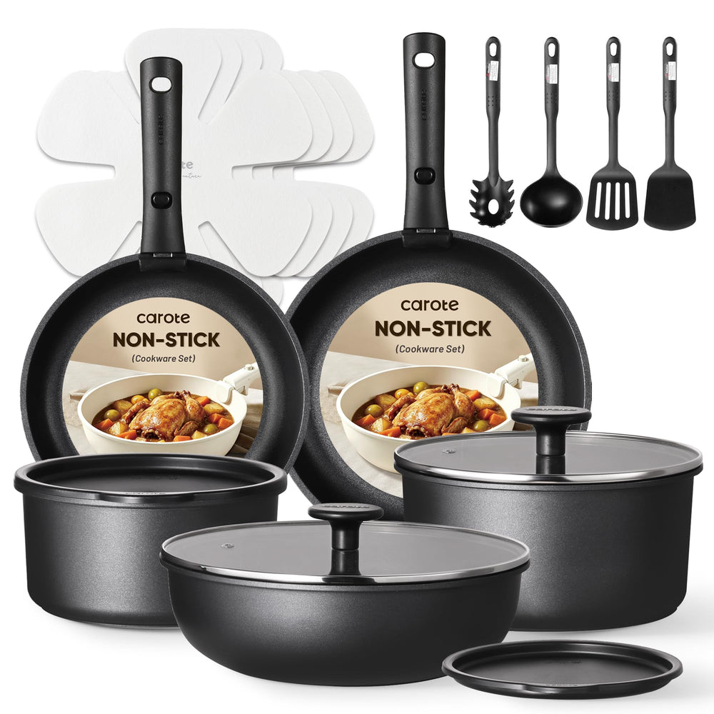 CAROTE cookware set front view showing contents and benefit of complete kit
