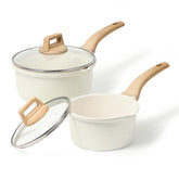 CAROTE white-granite set packaging showing both pans and lids, highlights convenience