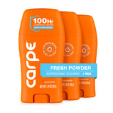 Carpe front packaging showing three-pack and Fresh Powder scent benefit