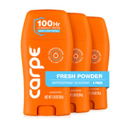 Carpe front packaging showing three-pack and Fresh Powder scent benefit