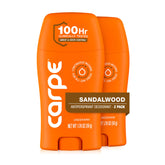 Carpe pack frontal mostrando dos antitranspirantes Sandalwood, protección prolongada