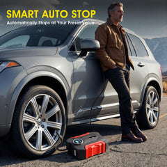 CARSUN inflator connected to a car tire valve to quickly restore pressure