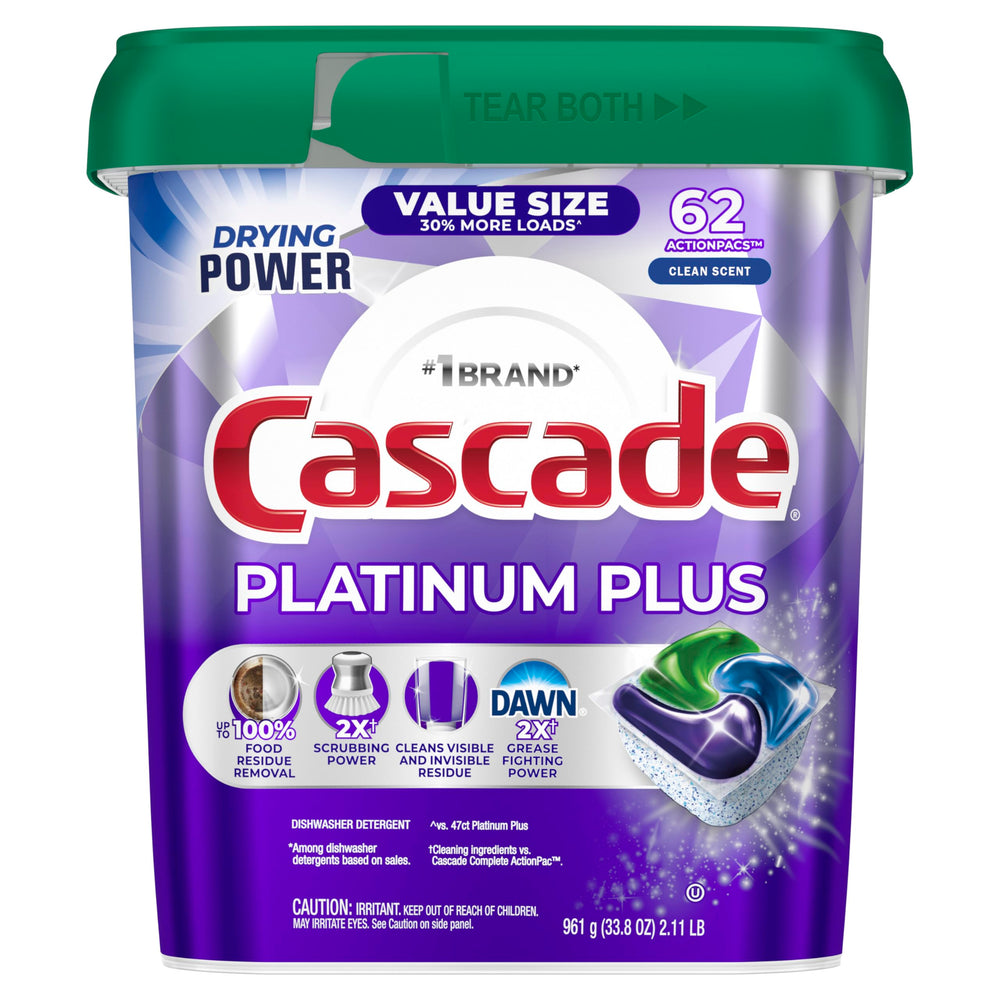 Cascade paquete frontal mostrando 62 pastillas y beneficio limpieza potente