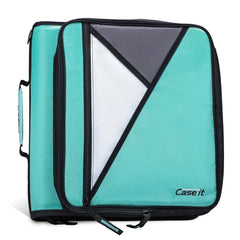 Case-it vista frontal con cierre spearmint mostrando anillas y bolsillos organizadores
