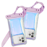 Case-Mate iridescent pouch front view showing transparent window and clear buttons benefit usability