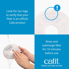 Catit comparison showing old versus new filter to highlight reduced mineral buildup