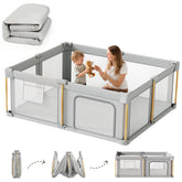 Cbcvvaer front view of foldable playpen shows roomy play area and stylish wood-grain finish