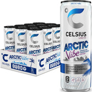 CELSIUS lata frontal Arctic Vibe mostrando diseño y tamaño práctico