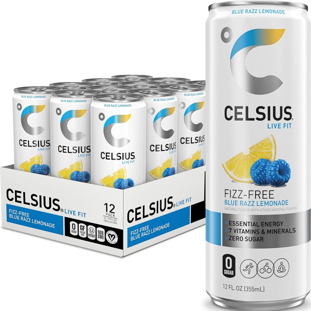 CELSIUS lata frontal Fizz Free Blue Razz Lemonade mostrando diseño y beneficios