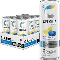 CELSIUS lata frontal Fizz Free Blue Razz Lemonade mostrando diseño y beneficios