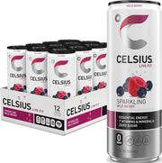 CELSIUS lata frontal mostrando etiqueta y sabor Wild Berry, ideal para energía