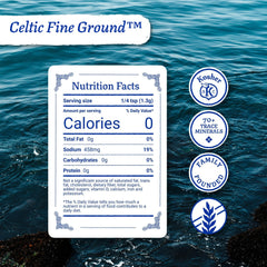 Celtic Sea Salt etiqueta con información de origen y certificación GMP como ventaja