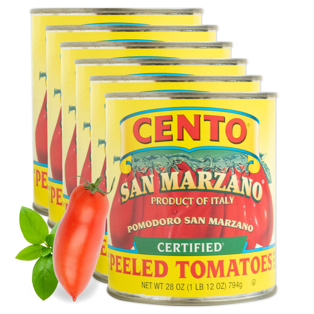 Cento lata frontal mostrando tomates San Marzano con albahaca, calidad italiana