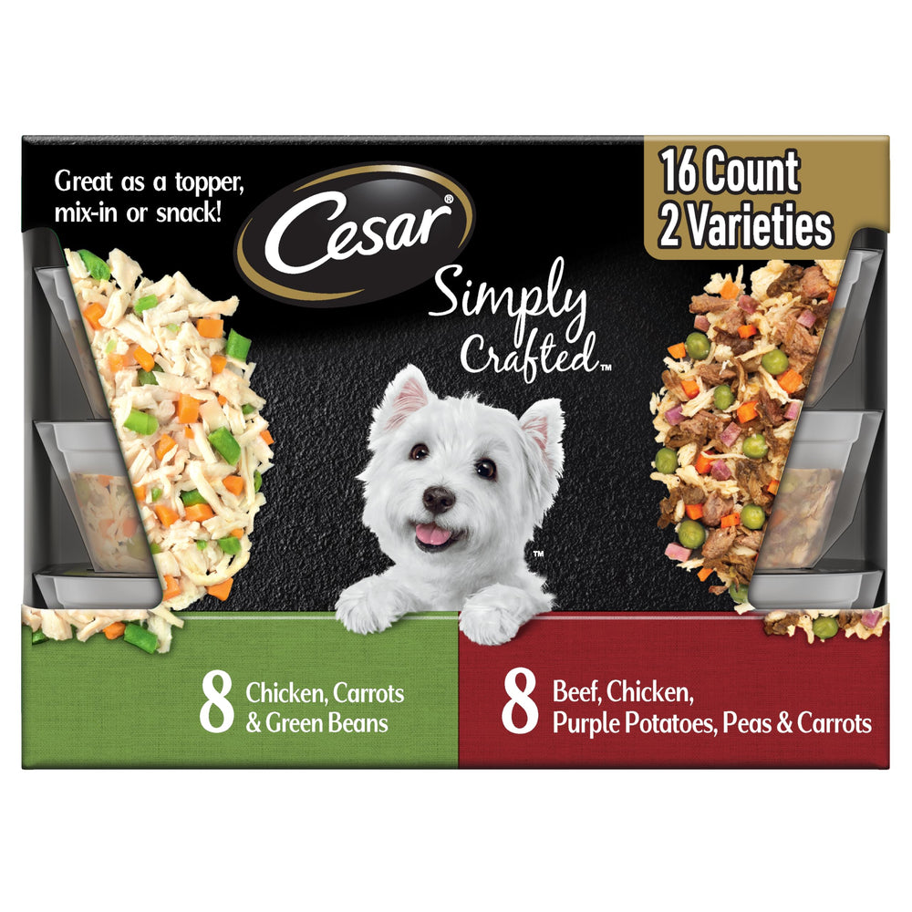 Cesar front packaging showing chicken and beef variety and easy feeding benefit