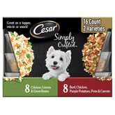 Cesar front packaging showing chicken and beef variety and easy feeding benefit