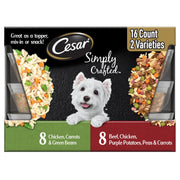 Cesar front packaging showing chicken and beef variety and easy feeding benefit