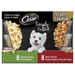Cesar front packaging showing chicken and beef variety and easy feeding benefit