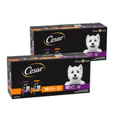Cesar front packaging showing filets and chicken flavors and convenient portioning