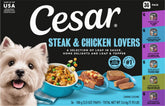 Cesar front packaging of steak and chicken variety for convenient feeding