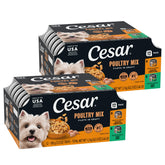 Cesar front packaging showing variety pack and convenient trays for quick meals