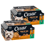 Cesar front packaging showing variety pack and convenient trays for quick meals
