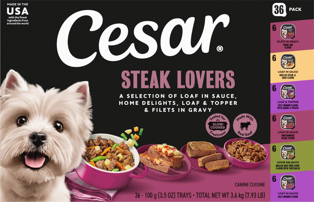 Cesar front packaging showing steak lovers variety pack and convenient 36-count supply benefiting portion control