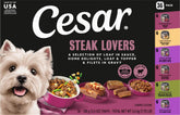 Cesar front packaging showing steak lovers variety pack and convenient 36-count supply benefiting portion control
