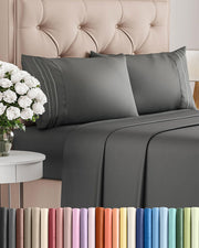 CGK Unlimited front-packaged queen sheet set showing charcoal color and neat fold for easy storage and gifting