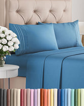 CGK Unlimited front view of denim blue sheet set showing neat packaging and inviting color