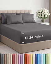 CGK Unlimited front view of grey extra deep king sheet set showing neat fit and finish